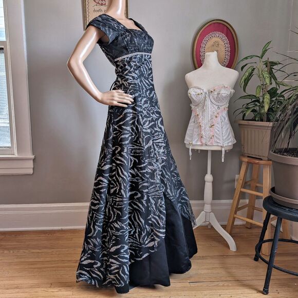 Vintage 90s Jody California Ball Gown Regency Empire Prom Dress Zebra Glitter - Picture 5 of 12